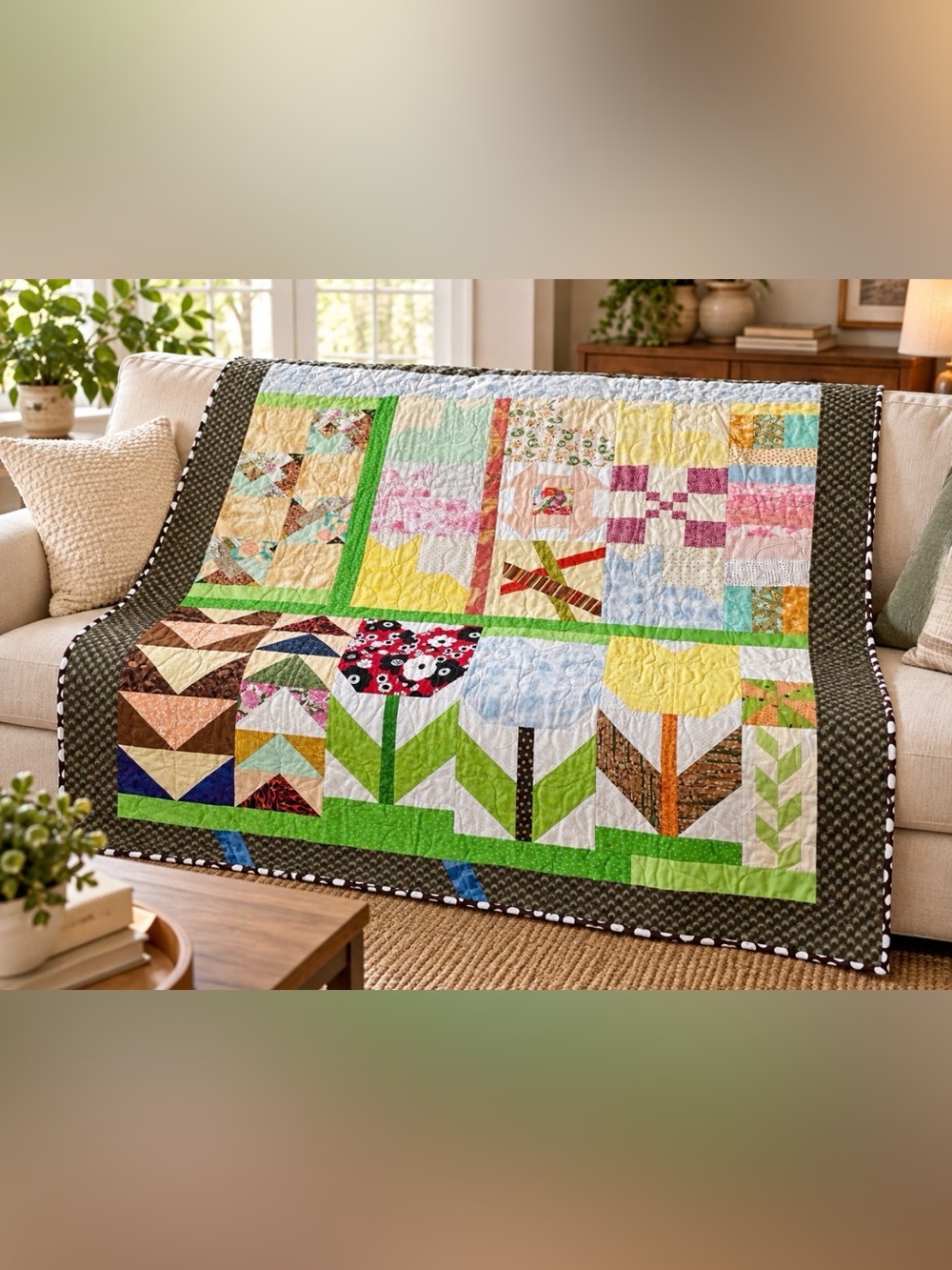 Handcrafted Floral Patchwork Quilt - 60”x51”